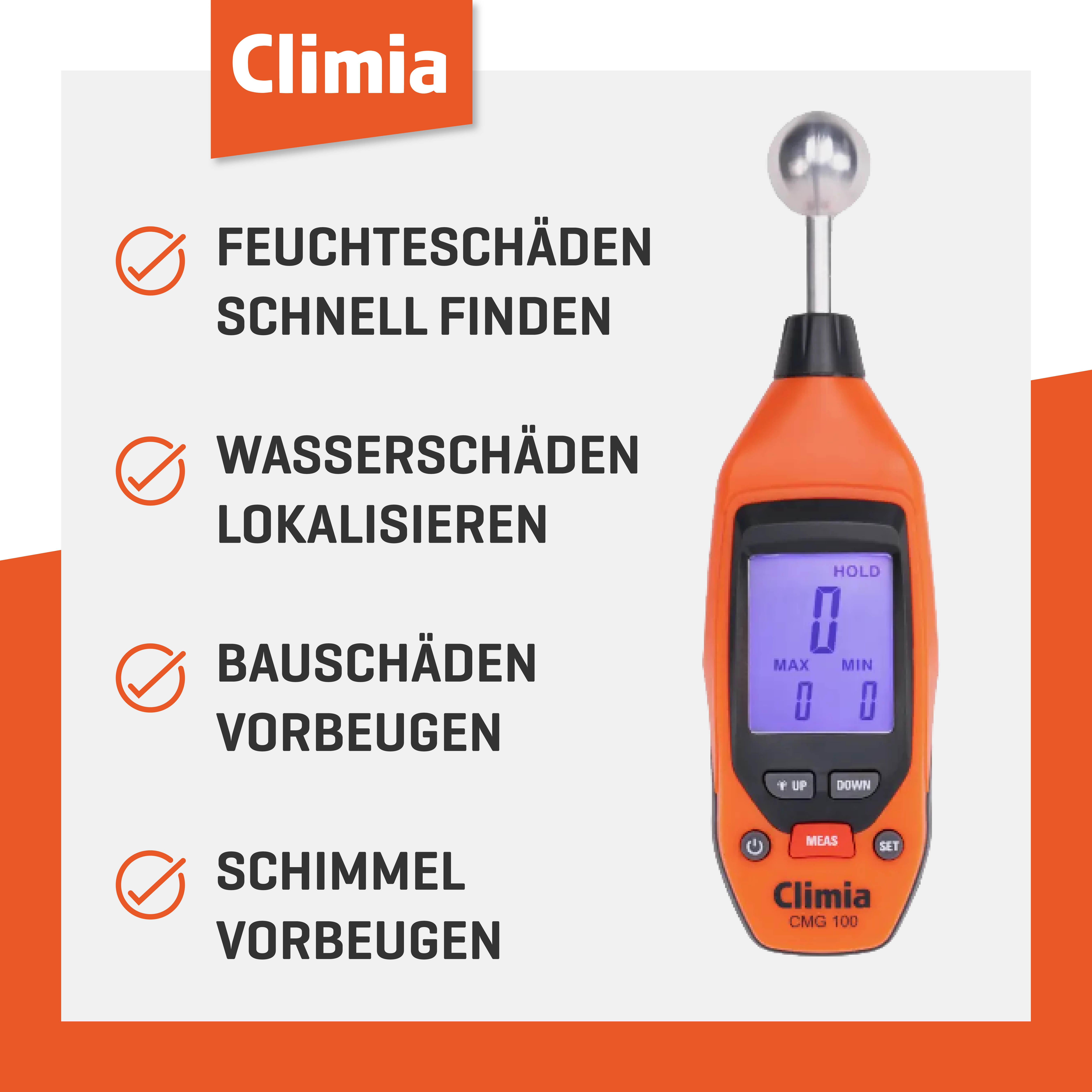 Climia CMG 100 Feuchtemessgerät Wände – Einfache Anwendung, beleuchtetes LED-Display bei langer Batterielaufzeit